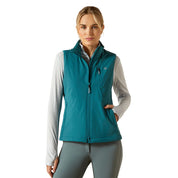Full Zip vest shown in teal on model in front of plain white background