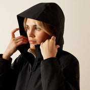 Black on black waterproof hooded raincoat shown on model