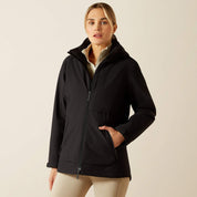 Black on black waterproof hooded raincoat shown on model