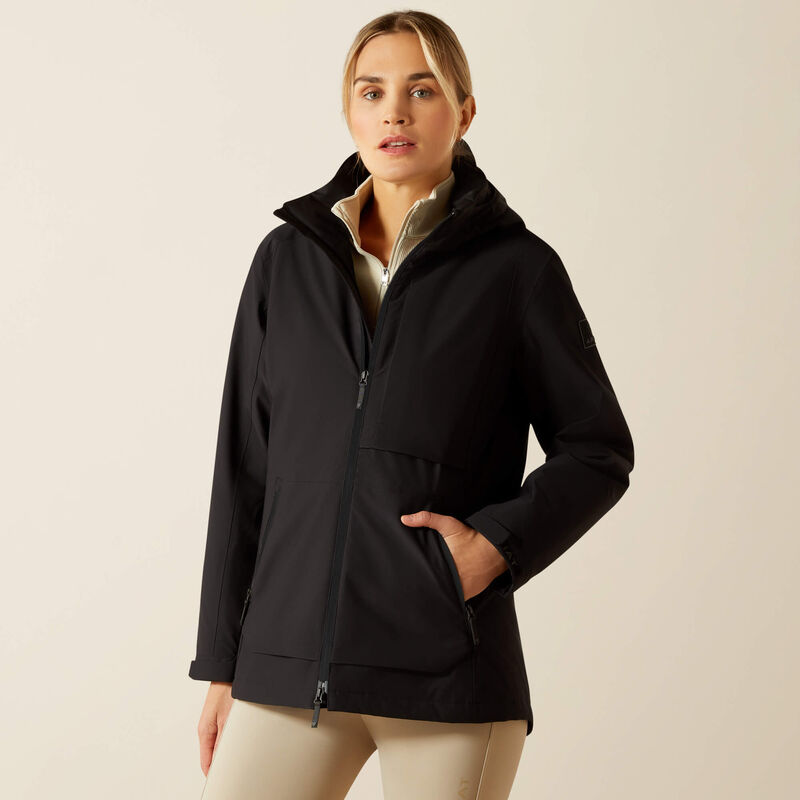 Black on black waterproof hooded raincoat shown on model