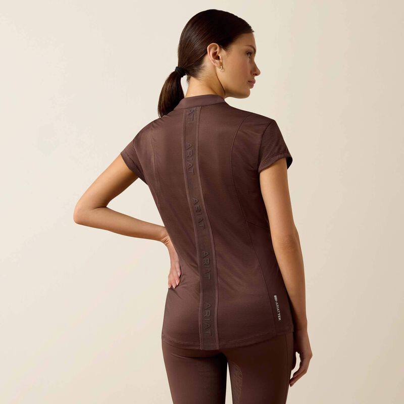 Back view of a model wearing the brown Ariat Breathe 1/2 Zip Baselayer on a plain background