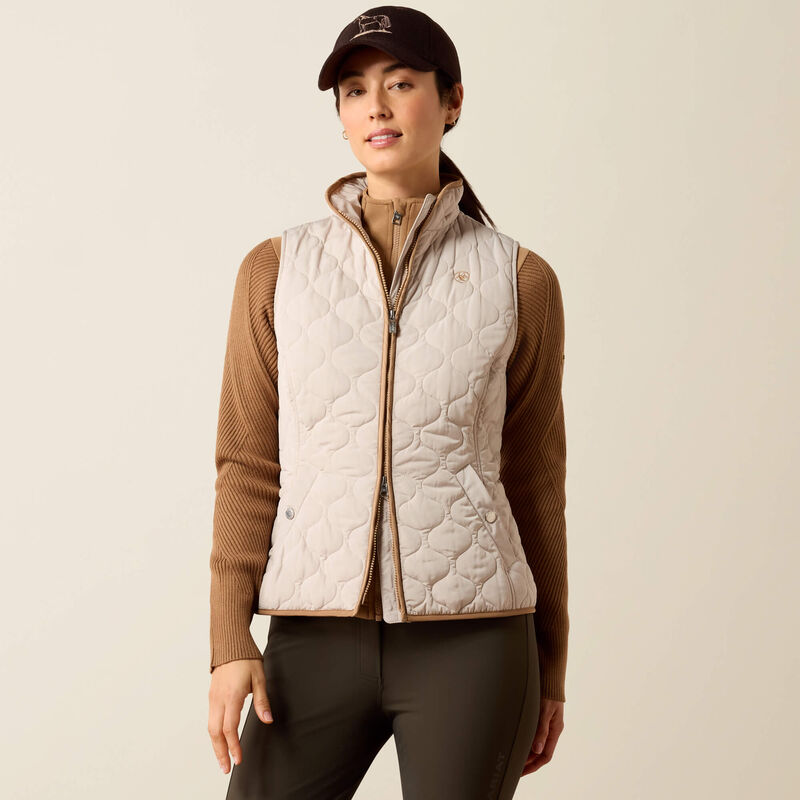 Front view of a female model wearing the Chateau Grey Ariat Ashley 2.0 Insulated Vest on a plain background