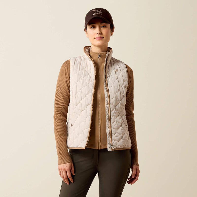 Front view of a female model wearing the Chateau Grey Ariat Ashley 2.0 Insulated Vest on a plain background