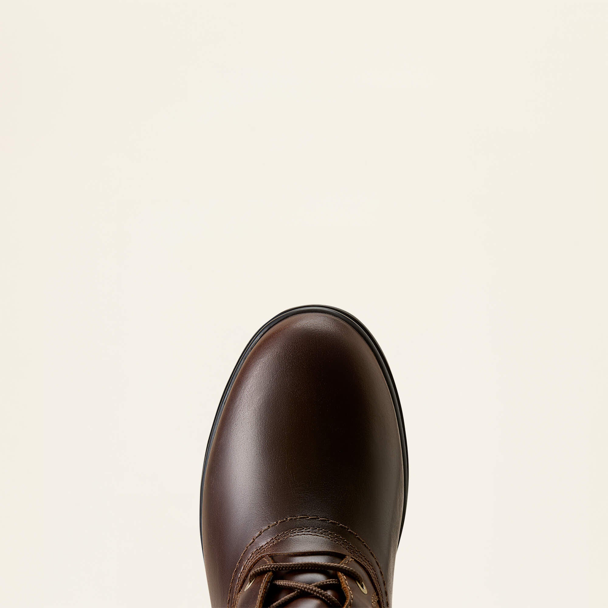 Top view of the toe cap on the Tobacco Brown Ariat Wythburn H20 Boot on a plain background