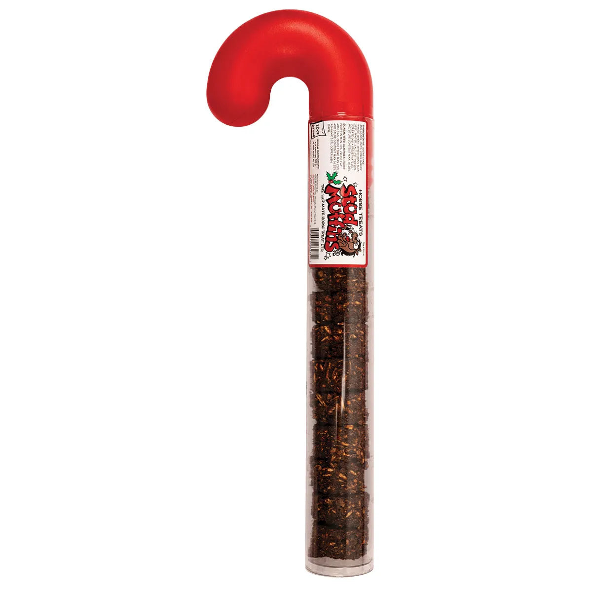 View of the 10 oz tube of Stud Muffins Candy Cane Horse Treats on a white background