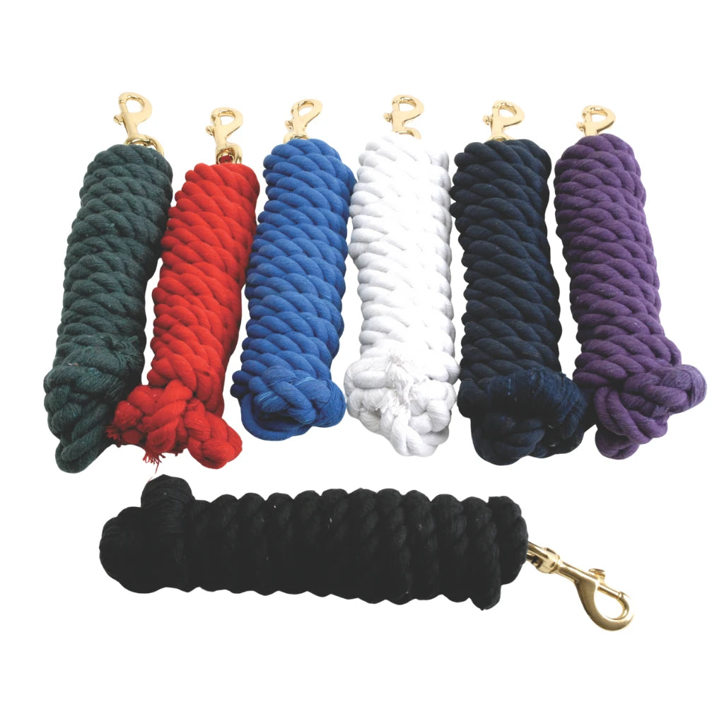 View of an assortment of Jacks Cotton Lead Ropes on a white background
