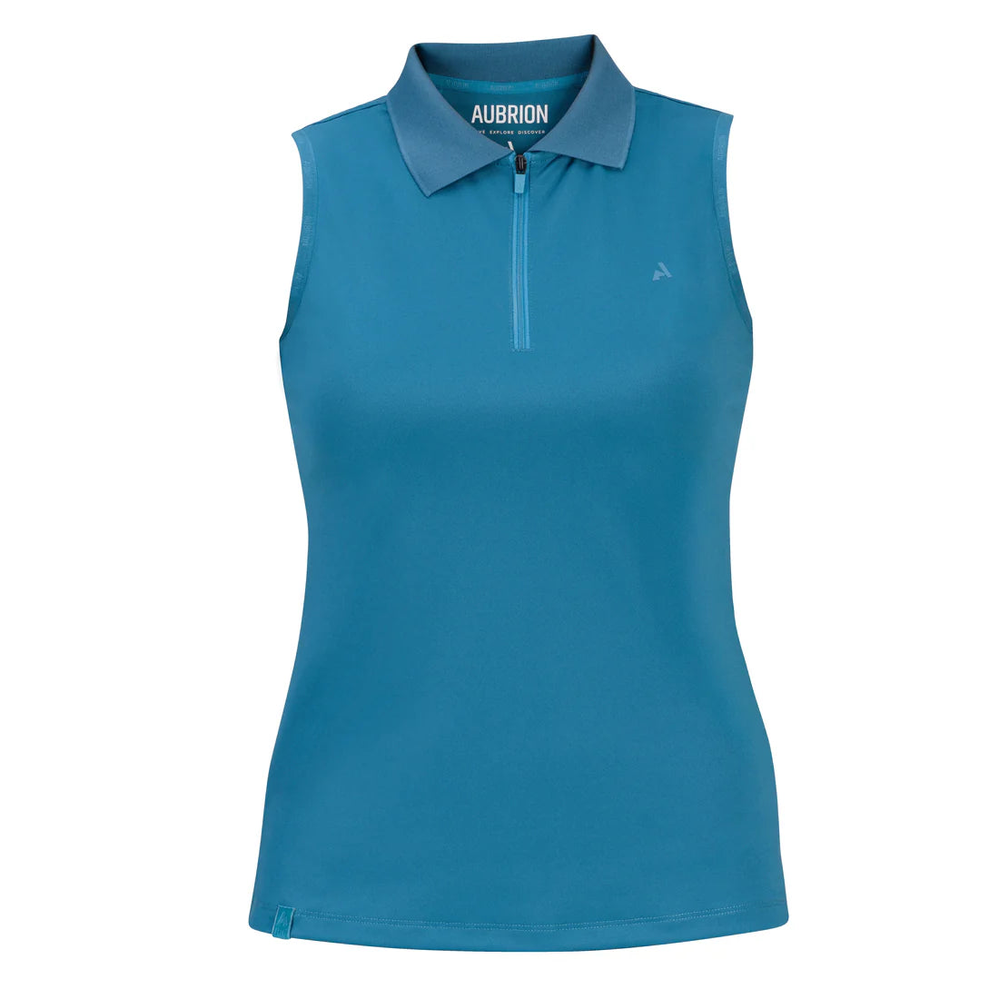 Front view of the teal Aubrion React Sleeveless Tech Polo on a white background