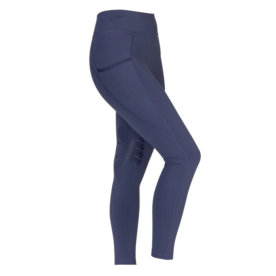 Side view of the navy Aubrion Young Rider React Rhythm Riding Tights on a white background