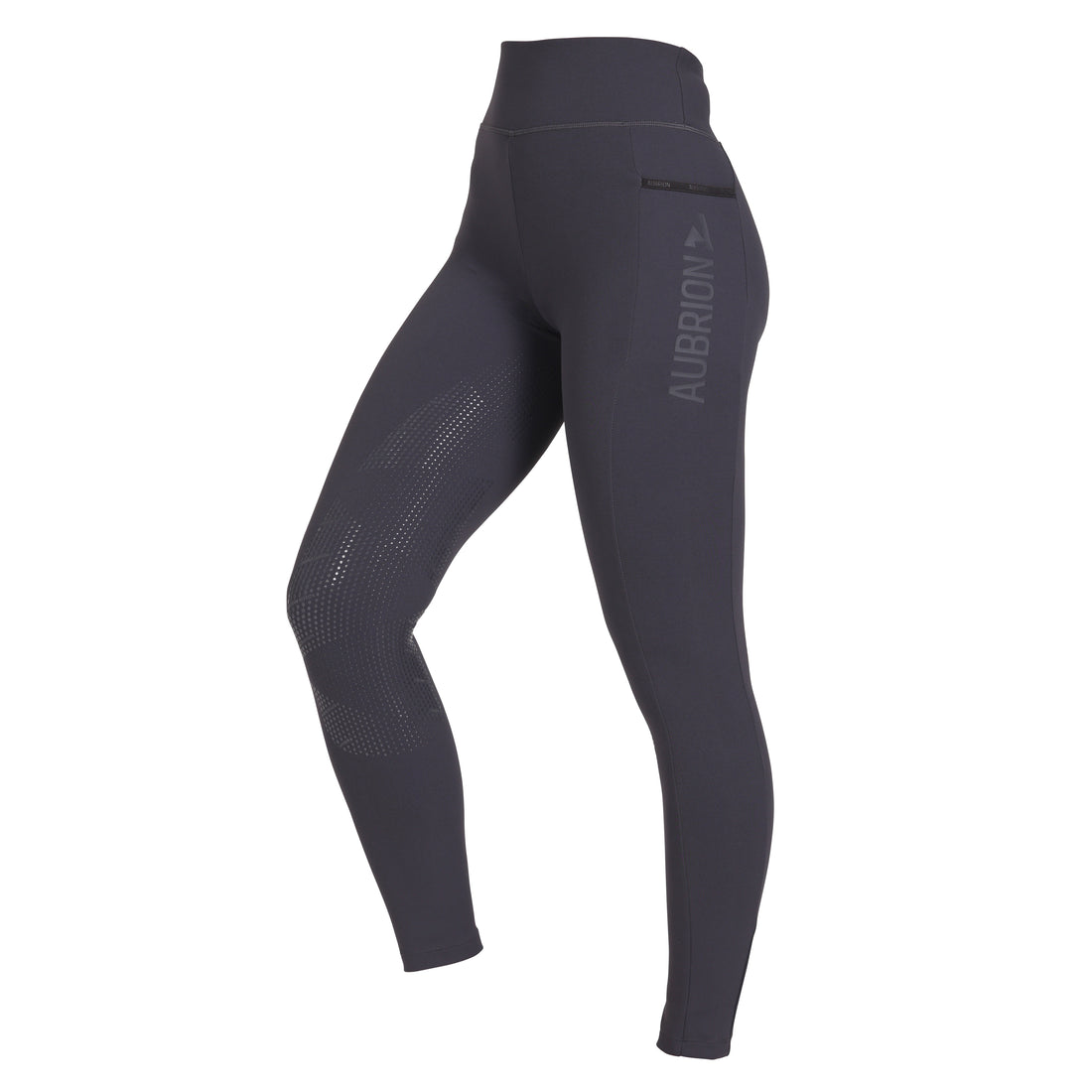 Side view of the Charcoal Aubrion React Winter Knee Patch Riding Tights on a plain background