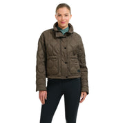 Front view of a female model wearing the Olive Moss RJ Classics Ivy Barn Coat on a plain background