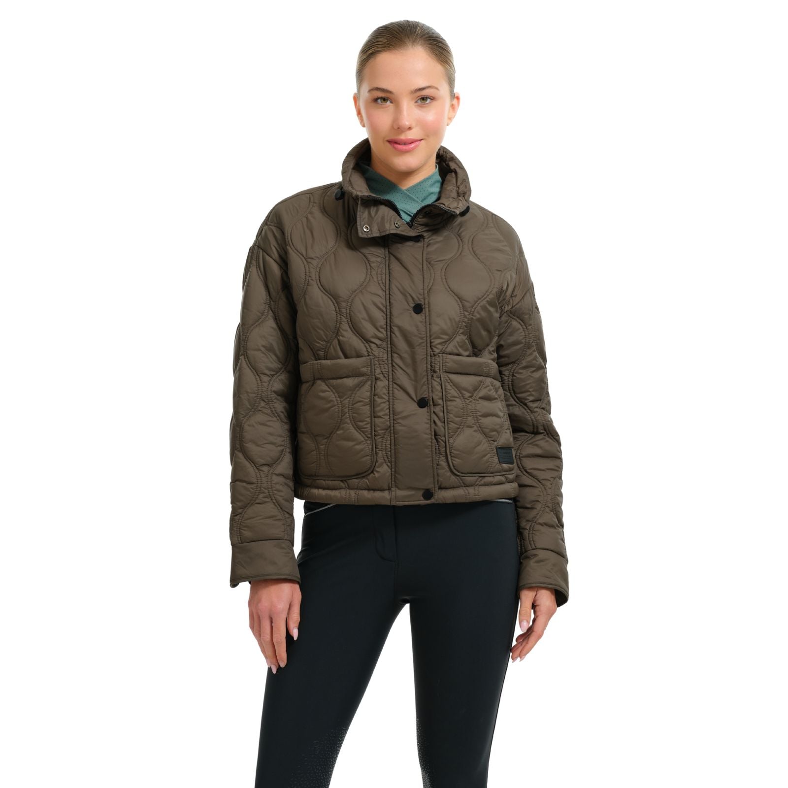 Front view of a female model wearing the Olive Moss RJ Classics Ivy Barn Coat on a plain background