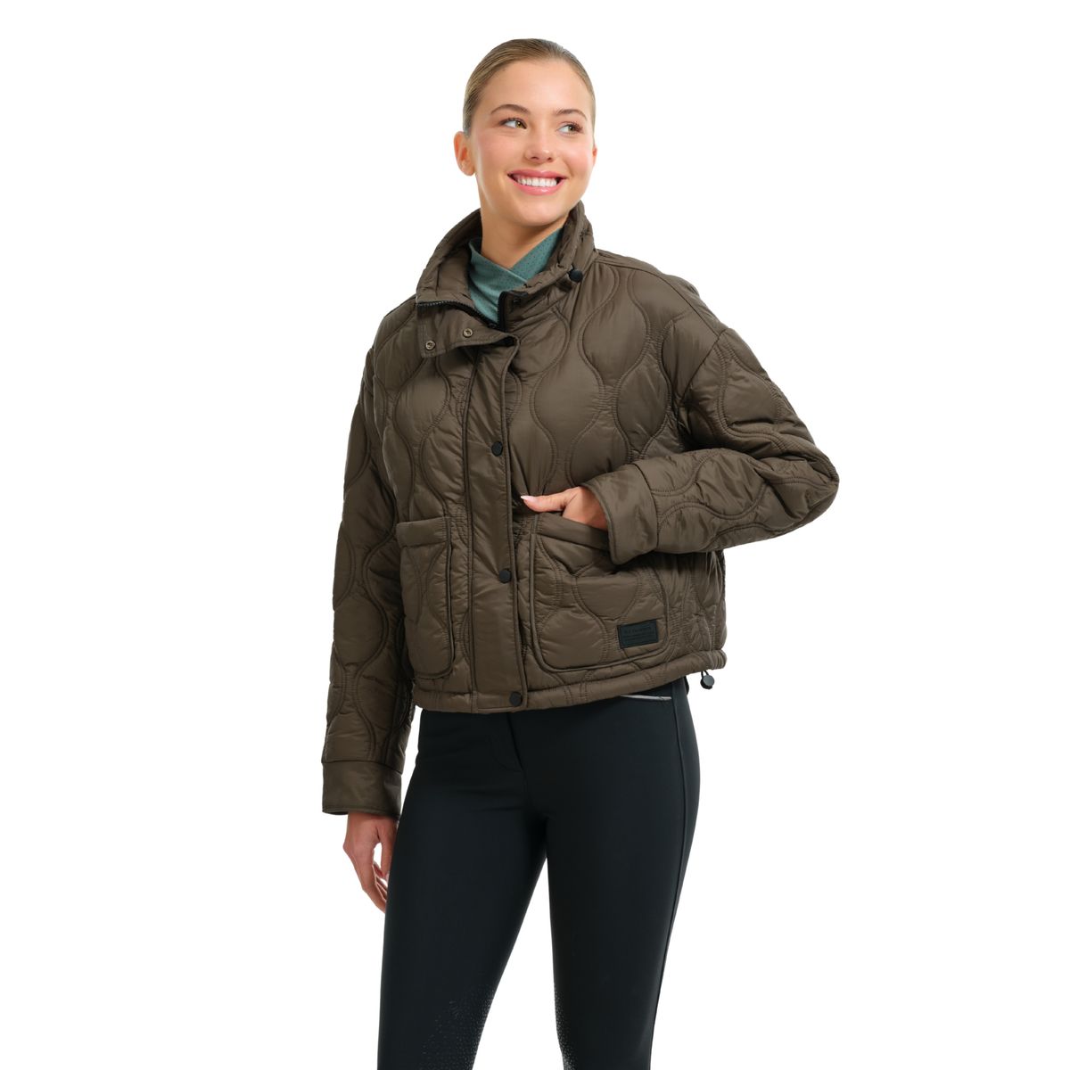 Front view of a female model wearing the Olive Moss RJ Classics Ivy Barn Coat on a plain background