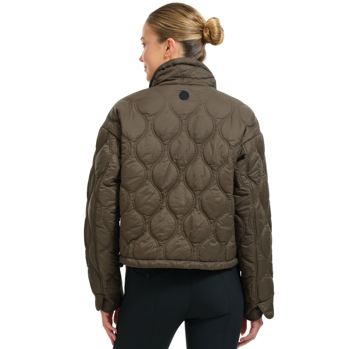 Back view of a female model wearing the Olive Moss RJ Classics Ivy Barn Coat on a plain background
