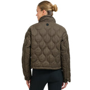 Back view of a female model wearing the Olive Moss RJ Classics Ivy Barn Coat on a plain background