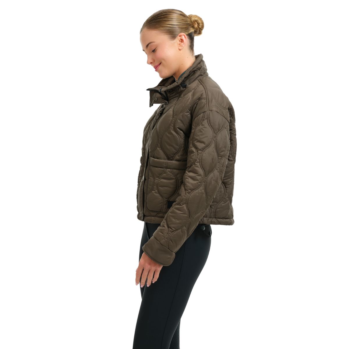 Side view of a female model wearing the Olive Moss RJ Classics Ivy Barn Coat on a plain background