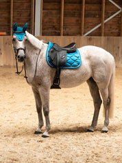 Side view of a gray horse wearing the Evening Teal PS of Sweden Signature Jump Pad while standing in an indoor arena
