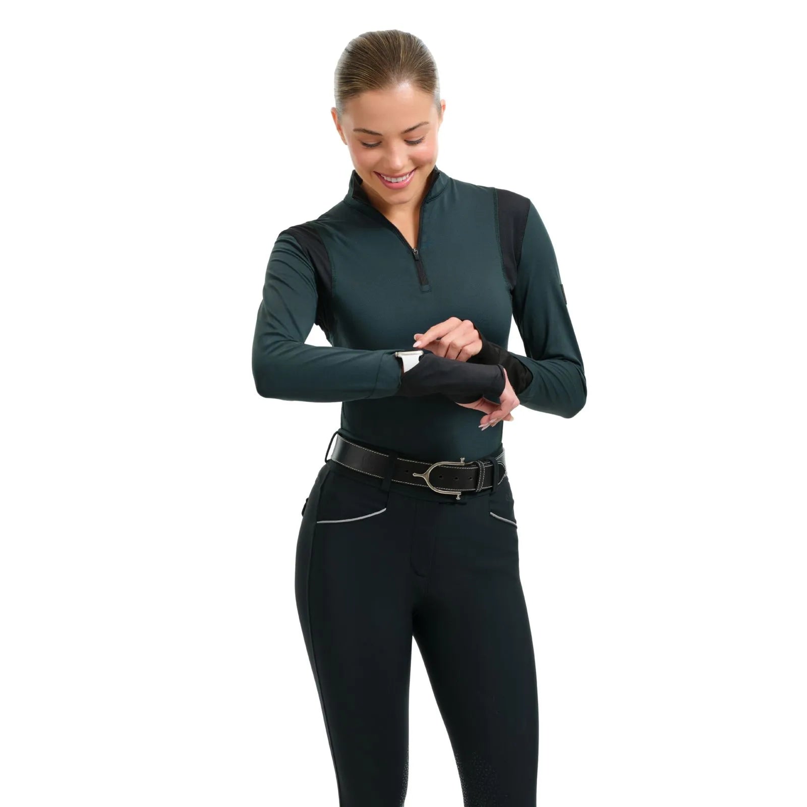 Front view of a female model wearing the Magical Forest RJ Classics Dylan 1/4 Zip Shirt on a plain background