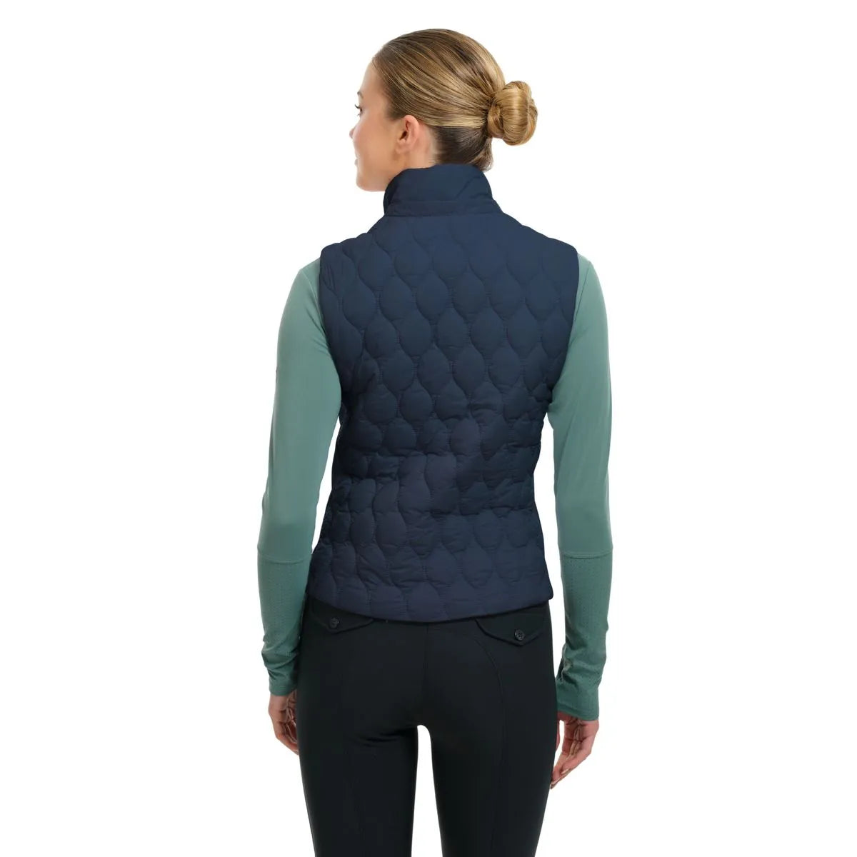 Back view of a female model wearing the Night Sky RJ Classics Riley Vest on a plain background