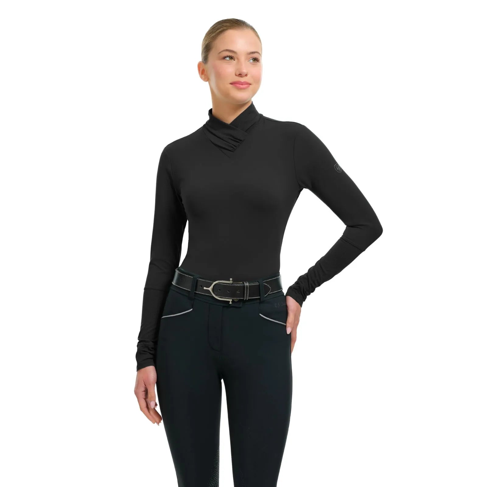 Front view of a female model wearing the Black RJ Classics Jamie Wrap Neck Schooling Shirt on a plain background