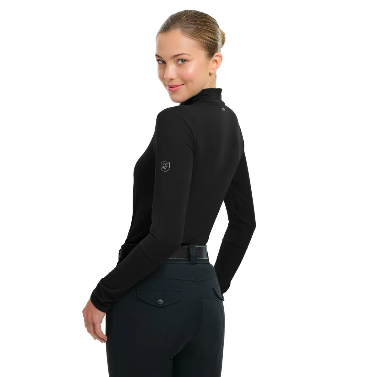 Angled back view of a female model wearing the Black RJ Classics Jamie Wrap Neck Schooling Shirt on a plain background