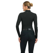 Back view of a female model wearing the Black RJ Classics Jamie Wrap Neck Schooling Shirt on a plain background