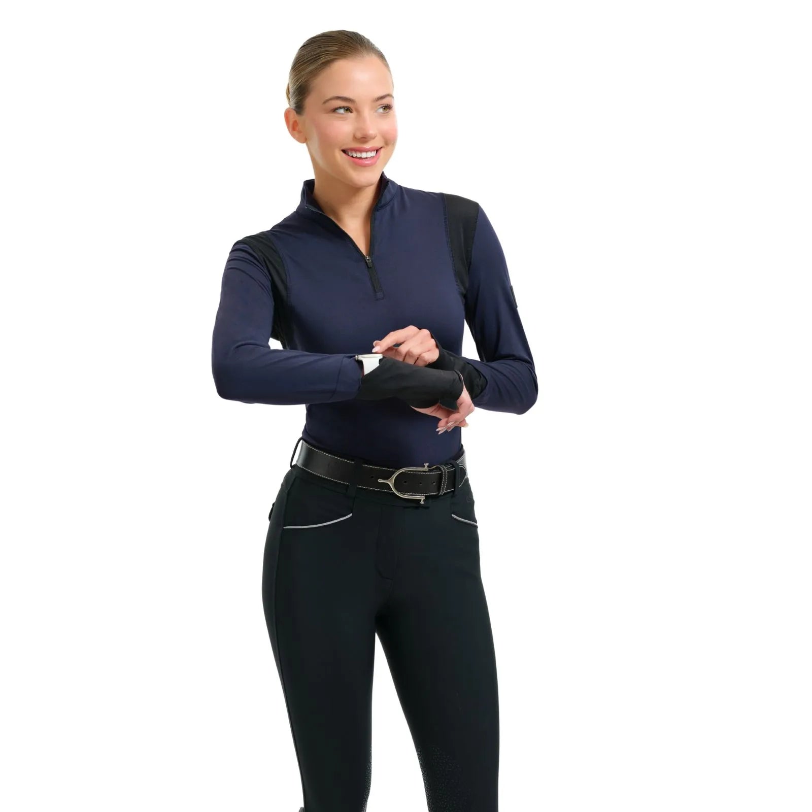 Front view of a female model wearing the Maritime Blue RJ Classics Dylan 1/4 Zip Shirt on a plain background