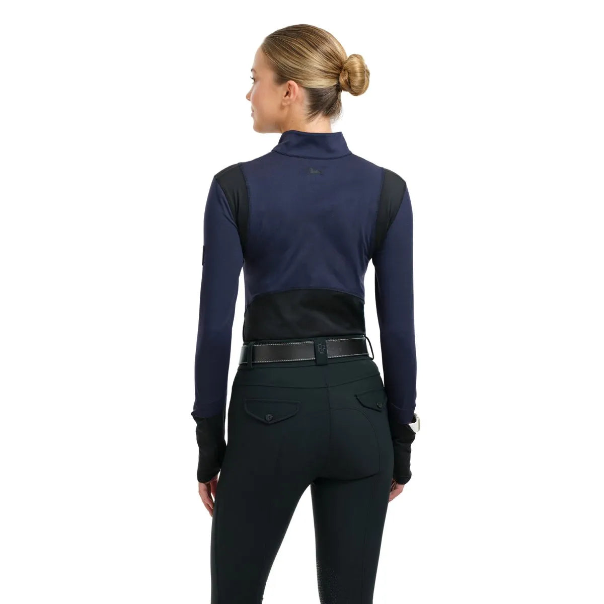 Back view of a female model wearing the Maritime Blue RJ Classics Dylan 1/4 Zip Shirt on a plain background