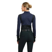 Back view of a female model wearing the Maritime Blue RJ Classics Dylan 1/4 Zip Shirt on a plain background
