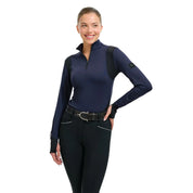 Front view of a female model wearing the Maritime Blue RJ Classics Dylan 1/4 Zip Shirt on a plain background