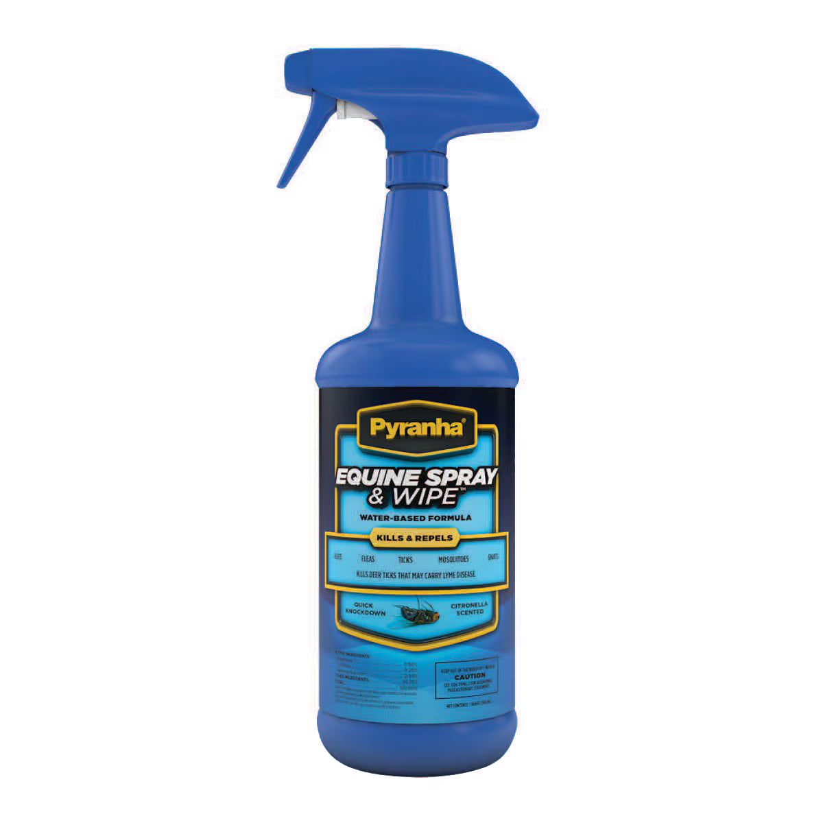Front view of a blue spray bottle of the Pyranha Equine Spray & Wipe Water Base on a white background