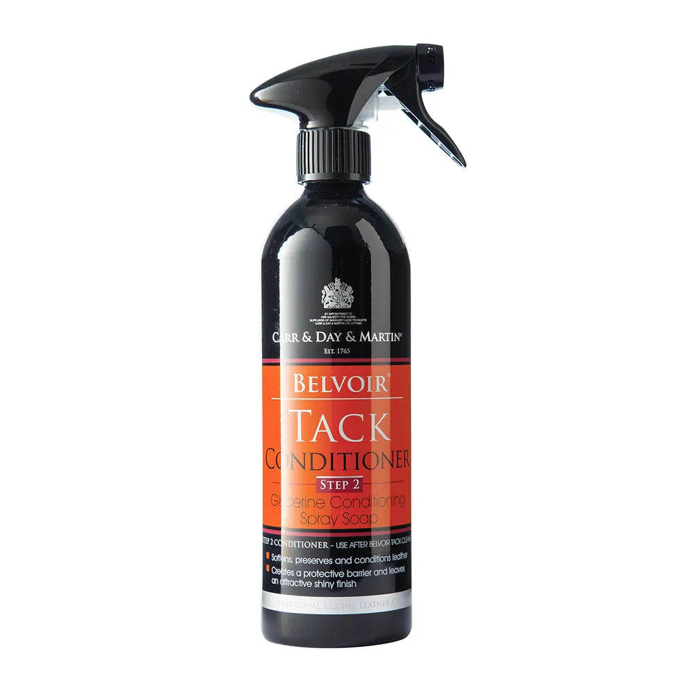 Front view of a 500 ml bottle of Carr & Day & Martin Belvoir Tack Conditioner Spray on a white background