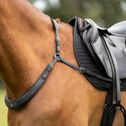 Side view of a horse wearing the Black Kavalkade Jerome Breastplate while standing outside