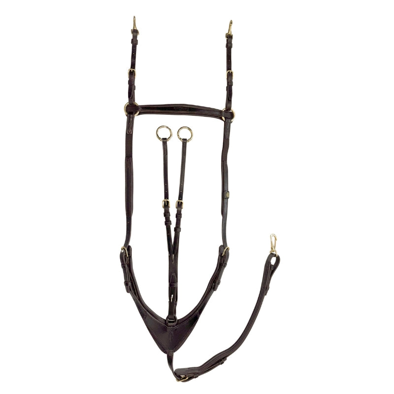 View of the Brown/Brass Kavalkade Robin 3-Point Elastic Breastplate on a white background