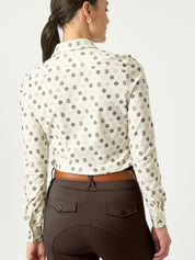 Back view of a female model wearing the Off White PS of Sweden Valerie Printed Long Sleeve Shirt on a plain background
