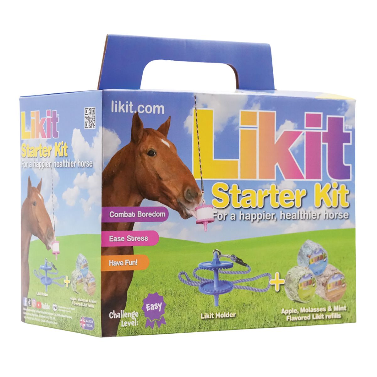 Angled front view of the packaging for the Likit Original Starter Kit for Horses on a plain background