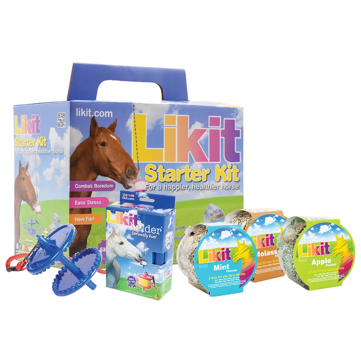 Angled front view of the packaging for the Likit Original Starter Kit for Horses on a plain background with the various contents displayed in front of it