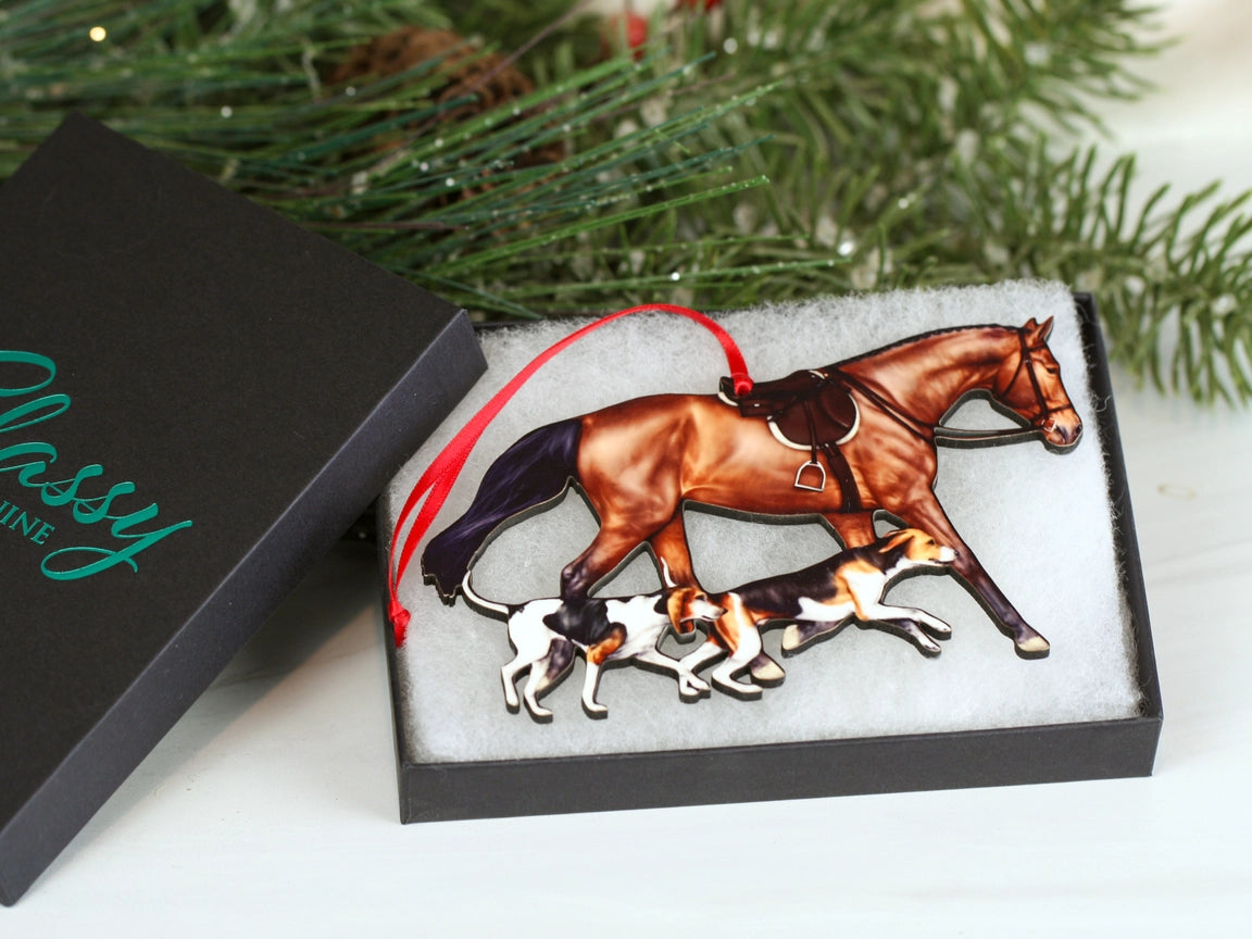 Angled front view of the Bay Classy Equine Horse & Hounds Ornament in its gift packaging