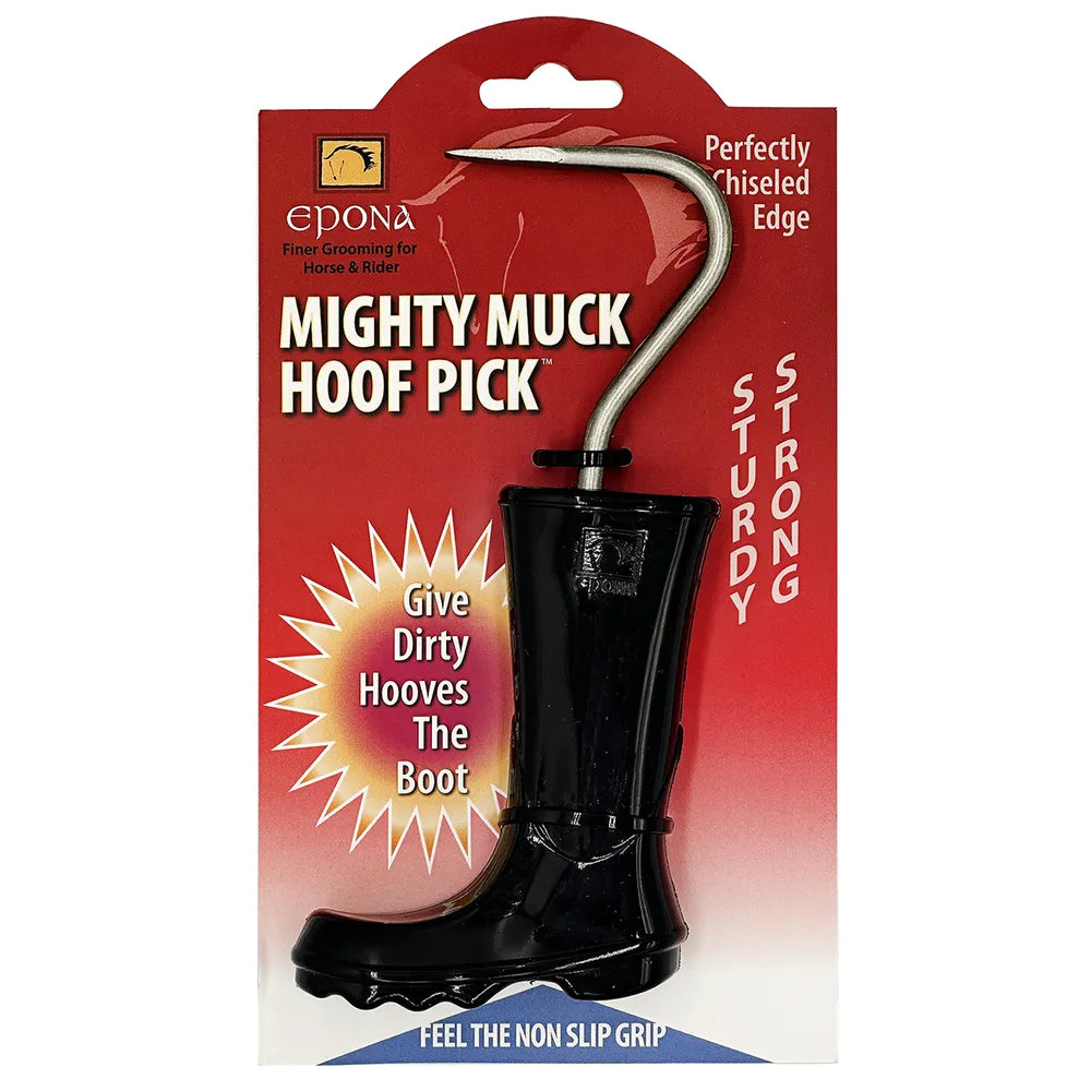 Front view of the Epona Mighty Muck Hoof Pick in its original package on a white background