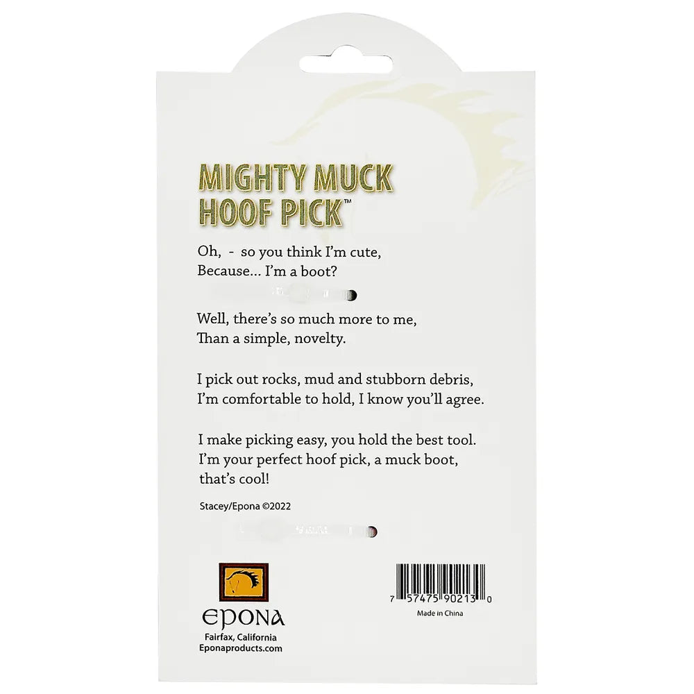 Back view of the Epona Mighty Muck Hoof Pick in its original package on a white background