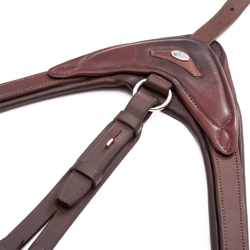 Close-up view of the Brown Kavalkade Azriel Padded Martingale on a white background