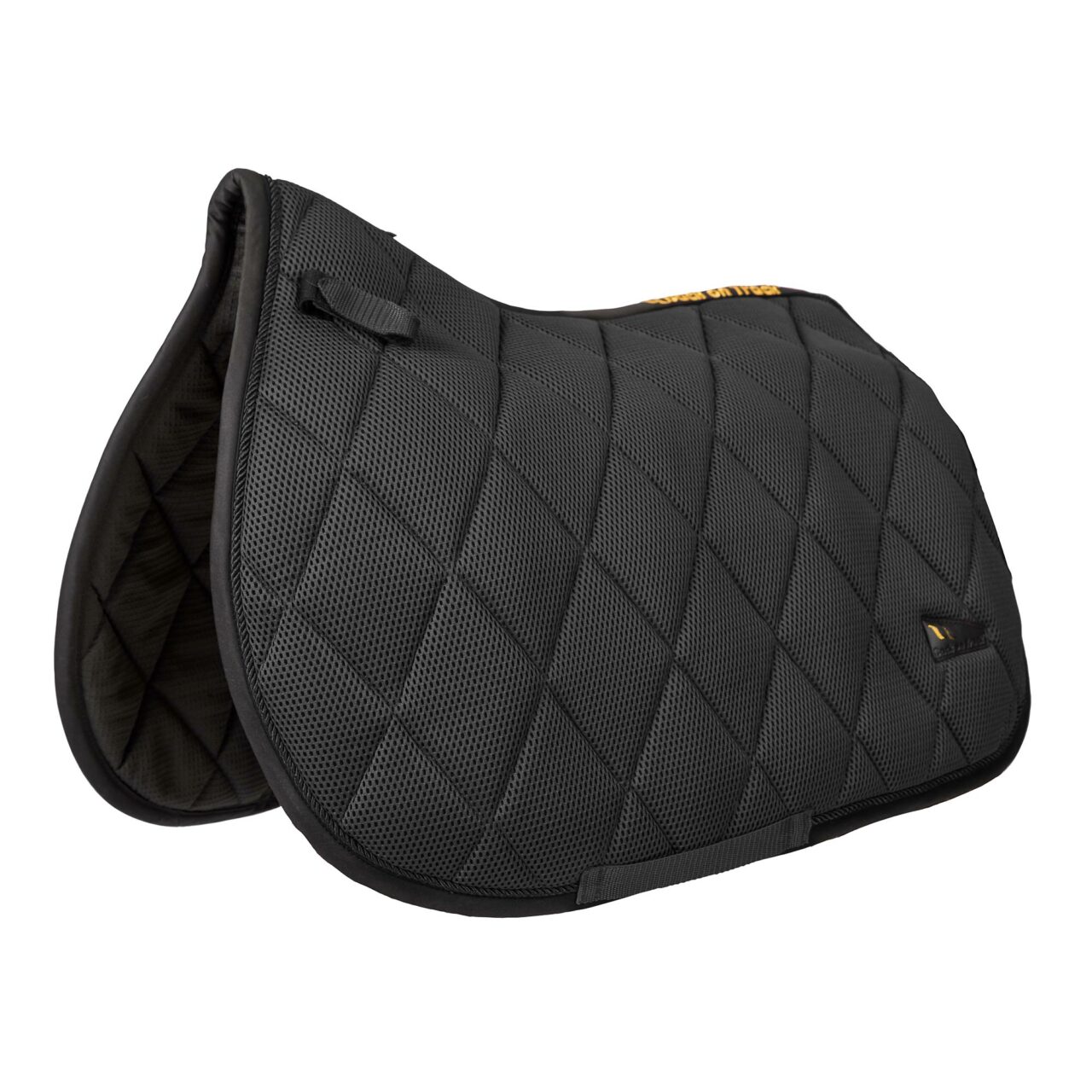Angled front view of the black Back on Track Airflow All-Purpose Saddle Pad on a white background