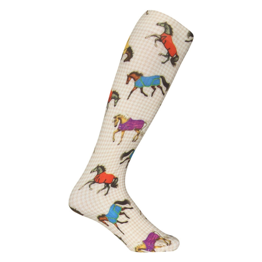 Side view of a AWST Int'l Lila Horses in Blankets Equestrian Boot Sock on a white background