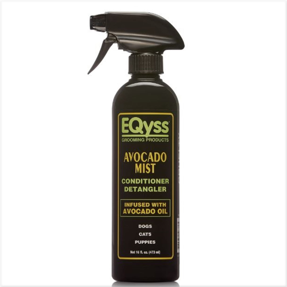 Front view of a 16 oz spray bottle of EQyss Avocado Mist Detangler on a white background