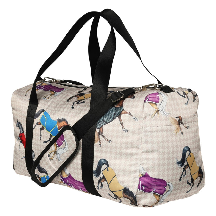 Angled side view of the AWST Int'l Lila Horses in Blankets Gear Bag on a white background