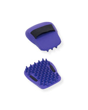 Front and back views of the Purple Equi-Essentials Ergo Grip Groomer on a white background