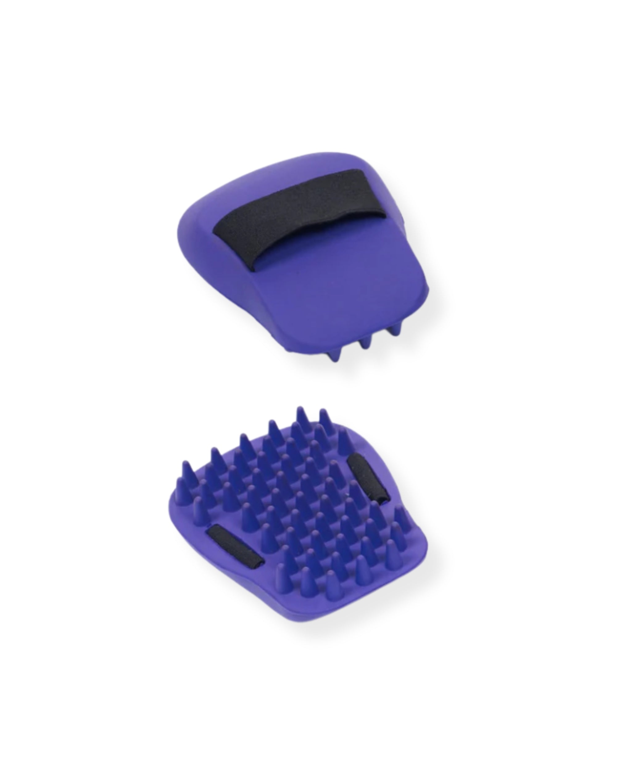 Front and back views of the Purple Equi-Essentials Ergo Grip Groomer on a white background