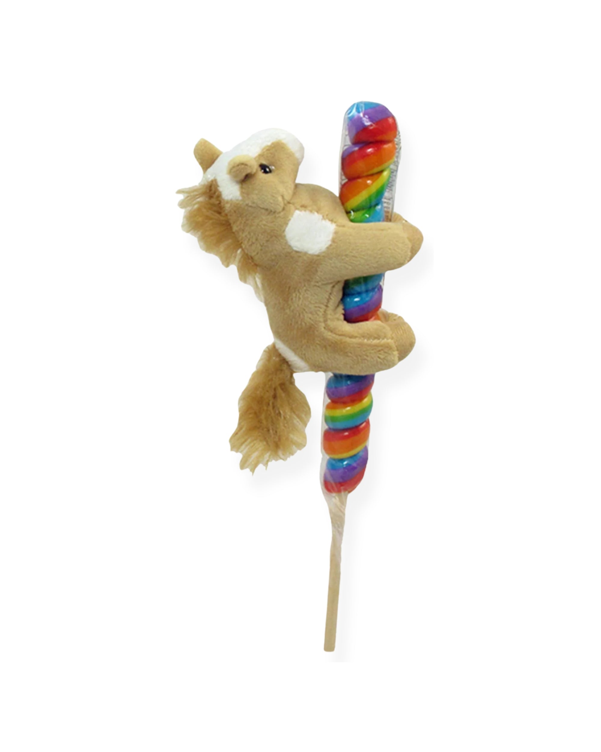 Side view of a Light brown 4" Plush Natural Horse On Pop on a white background