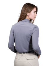 Back view of model wearing the Equisite Alesia Long Sleeve Shirt in Dove on a white background