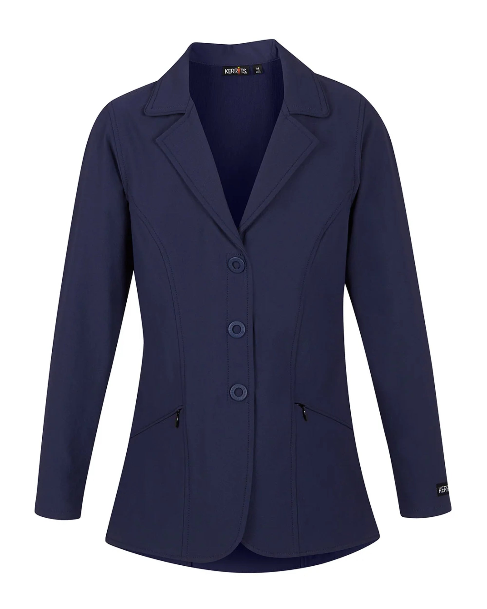 Front view of the Navy Kerrits Kids Stretch Competitor Show Coat on a plain background