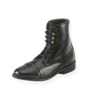 Angled front view of the Black EquiStar Kids All-Weather Lace Paddock Boots on a white background